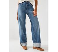 Only Onlhope High Waisted Wide Leg Fold Up Jeans, Blue, Size 31, Inside Leg 32, Women Blue