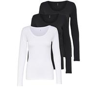 ONLY Pack of 3 Women's Long-Sleeved Shirt Black and White Long Sleeve Basic Long Sleeve Summer 95% Cotton XS S M L XL 15209156, XL