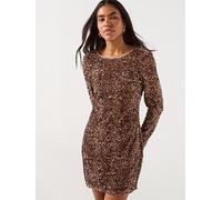 Only Sequin Long Sleeve Mini Dress, Brown, Size M, Women Brown