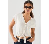Only Siesta Short Sleeve Knot Linen Blend Shirt, Moonbeam, Size L, Women Moonbeam