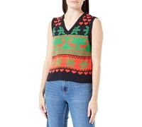 ONLY Women's Onlxmas Heart V-Neck Vest KNT Knitted Jumper, Night Sky/Pattern: Poppy Red/Green Bee, M