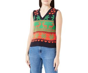 ONLY Women's Onlxmas Heart V-Neck Vest KNT Knitted Jumper, Night Sky/Pattern: Poppy Red/Green Bee, M
