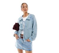 Only Womens quilted tie front shacket with frill collar detail in light blue denim - Sky Blue - Size 2XL