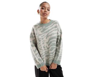 Only Womens round neck leopard print jumper in light green and white - Sky Blue - Size Large