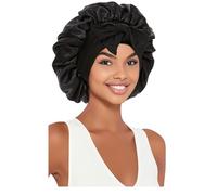 OnlyBee Satin Silk Sleep Bonnet for Women Ladies Adjustable Night Sleeping Cap Soft Elastic Band Bonnets Friz Hair with Tie Band for Curly Hair Braid Black