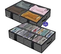 Onlyeasy 2 Pack Under Bed Shoes Storage Bag Organizer (14+4 Pairs), Collapsible Shoe Boot Container with Handles, Underbed Storage Solution Shoes Bags for Kids & Adults, Linen-like Black, MXAUBS14S4