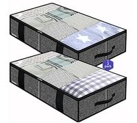 Onlyeasy Underbed Fabric Storage Bags Organizer with 4 Handles, 2 Zippers and Large Clear Window, for Clothes, Blankets, Bedding, Foldable with Sturdy Structure, 2 Pack, Linen-like Black, MXAUBBSS2P
