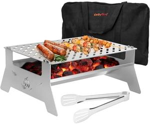 Onlyfire Portable Barbecue Grill, Stainless Steel Charcoal BBQ Detachable Grilling System with Tongs & Cover for Outdoor Picnic, Camping, Travel 14"x12.2"x6"