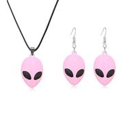 ONLYJUMP 2 Pairs Alien Earrings Necklace for Women Cute Space UFO Dangle Drop Weird Earrings Alien Head Charm Necklace Aliens Jewerly Set Halloween Gifts, L, Alloy Steel, Cubic Zirconia
