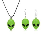 ONLYJUMP 2 Pairs Alien Earrings Necklace for Women Cute Space UFO Dangle Drop Weird Earrings Alien Head Charm Necklace Aliens Jewerly Set Halloween Gifts, L, Alloy Steel, Cubic Zirconia