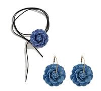 ONLYJUMP 2 Pairs Fashion Blue Denim Flower Choker Necklace Earrings Jewelry Set for Women Trendy Boho Floral Black Rope Necklaces Bohemia Floral Statement Accessories Jewelry, L, Alloy Steel, Cubic
