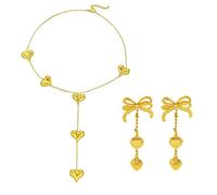 ONLYJUMP 2 Pairs Heart Ribbon Bow Dangle Earrings Necklaces Set For Women 14k Gold Plated Dainty Ribbon Heart Bow Earrings Necklces Trendy Jewelry Gift, Large, Alloy Steel, Cubic Zirconia