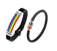 ONLYJUMP 2 PCS Pride Bracelets For Women Men Unique Rainbow Bracelet Made with Durable PU Leather and Stainless Steel Pride Wristbands Perfect for Gay LGBTQ Gifts, L, Alloy Steel, no gemstone