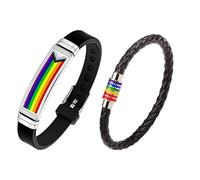 ONLYJUMP 2 PCS Pride Bracelets For Women Men Unique Rainbow Bracelet Made with Durable PU Leather and Stainless Steel Pride Wristbands Perfect for Gay LGBTQ Gifts, L, Alloy Steel, no gemstone