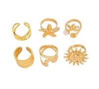 ONLYJUMP 6 pcs Gold Seashell Rings for Women Stylish Golden Adjustable Ring Summer Beach Ocean Starfish Rings Open Rings Adjustable Beach Jewelry Summer Sea Beachy Vacation Gifts, Adjustable, Metal
