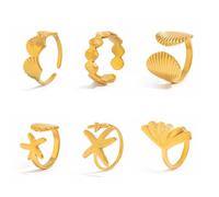 ONLYJUMP 6 pcs Gold Seashell Rings for Women Stylish Golden Adjustable Ring Summer Beach Ocean Starfish Rings Open Rings Adjustable Beach Jewelry Summer Sea Beachy Vacation Gifts, Adjustable, Metal