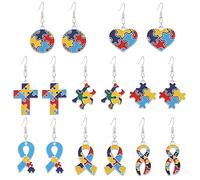 ONLYJUMP 8 Pairs Autism Awareness Earring Set for Women Unique Multi Color Awareness Jigsaw Autism Puzzle Geometric Earrings Autism Puzzles Red Ribbon Multi Color Heart Love Autism EarringJewelry, L