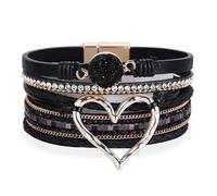 ONLYJUMP Boho Heart Leather Bracelets for Women Men Stackable Heart Opening Bracelet Inlaid Water Diamond Alloy for Birthday Valentine's Day Gifts, One size, Leather, no gemstone