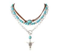 ONLYJUMP Boho Turquoise Leather Choker Necklace for Women Bohemian Handmade Leaf Layered Black Brown Suede Western Cowlady Necklace Western Country Party Jewelry Gifts, L, Alloy Steel, Cubic Zirconia