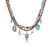 ONLYJUMP Boho Turquoise Leather Choker Necklace for Women Bohemian Handmade Leaf Layered Black Brown Suede Western Cowlady Necklace Western Country Party Jewelry Gifts, L, Alloy Steel, Cubic Zirconia