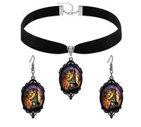 ONLYJUMP Gothic Mystery Witch Cameo Earrings Necklace Set for Women hHalloween Vintage Crystal Glass Witch Dangle Earring Punk Style Mystery Black Velvet Choker Necklace Goth Halloween Jewelry Gift, L