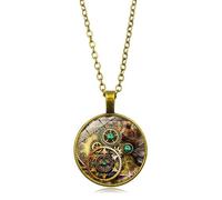 ONLYJUMP Steampunk Gear glass Pendant Necklace for Men Women Punk Vintage Gothic Antique Clockwork Steam Gear Chain Necklaces Sweater Steam Gears Jewelry Gift, L, Alloy Steel, Cubic Zirconia