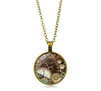 ONLYJUMP Steampunk Gear glass Pendant Necklace for Men Women Punk Vintage Gothic Antique Clockwork Steam Gear Chain Necklaces Sweater Steam Gears Jewelry Gift, L, Alloy Steel, Cubic Zirconia