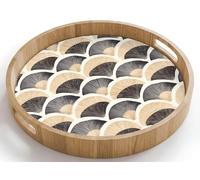 OnlyWow© Serving Platter Round 40x40 cm Wooden Tray Trays Food Decorative Breakfast Drinks Kitchen Dinner Coffee Tea With Handles Non Slip Fan - Pattern - Black - Beige