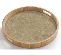OnlyWow© Serving Platter Round 50x50 cm Wooden Tray Trays Food Decorative Breakfast Drinks Kitchen Dinner Coffee Tea With Handles Non Slip Beige - Marble - White veins