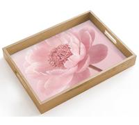 OnlyWow© Serving Tray Decorative Platter Trays For Food Breakfast Drinks | 40x30 cm - Rectangular - Oak Coffee Tea Scratch Resistent Non Slip Flower - Peony - Pink