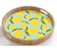 OnlyWow© Wooden Tray Round 50x50 cm Serving Platter Oak Decorative Food Breakfast Drinks Scratch Resistent Dinner Tea Handles Non Slip Lemons pattern - Yellow - Blue - Fruits