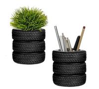 Onmargeen Tire shaped pen holder, plant flowerpot, office storage and organization, black plastic tire pen holder for desktop use, home office desk (2Pcs)