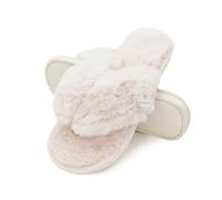 Onmygogo Fluffy Indoor Thong Slippers for Women Open Toe, Soft Faux Fur Nonslip House Slippers(Natural,M)