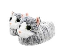 Onmygogo Indoor Fuzzy Winter Animal Cat Plush Slippers for Women Men Kids,Faux Fur,Warm House Slipper, Grey, 1-3 Big Kid