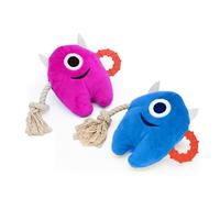 Onmygogo Large Dog Squeaky Chew Toys, Stuffed Plush Dog Toys Durable Tug of War Rope Toys Puppy Toys, Monster Toys(set of 2, blue and fushcia)