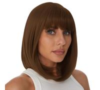 Onpep Short Straight Bob Wigs with Air Bangs Honey Brown Wig for Women Shoulder Length Heat Resistant Fiber Hair Wigs