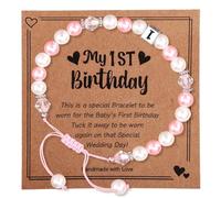 Onperpoe 1st Birthday Gifts for Girls Adjustable Pink White Pearl Bracelet for 1 Year Old Girl Daughter Pink Natural Stone Bracelet Granddaughter Niece First Birthday Gifts for Girls with Message Card