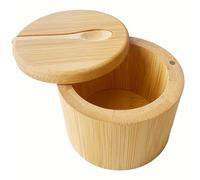 Onperpoe Bamboo Salt Cellar Bowl Box with Built-in Spoon, Wood Salt Cellar with 360° Swivel Magnetic Lid, Salt Pigs for Kitchen Storage, 7 oz