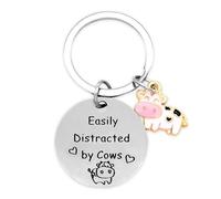 Onperpoe Cow Gifts, Cow Whisperer Gift, Stainless Steel Cow Farmer Keychain, Funny Cow Lover Gift, Easily Distracted By Cows Gifts for Teenage Adult (Round)