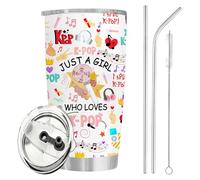 Onperpoe Kpop Water Bottle Music Travel Mug, Kpop Merch Stainless Steel Thermal Cup with Lid Straws and Brush, Just A Girl Who Loves K-Pop Gifts Insulated Coffee Cup for K Pop Lovers Demon Hunter Fan