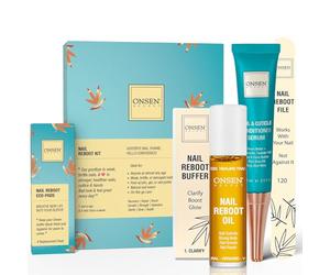 Onsen Secret Complete Nail Reboot Kit w/Cuticle Oil 10ml, Nail File 120/180 Grit Double Sided, A 3-Way Nail Buffer Block & Cuticle Serum-15ml w/Nail Oil in Action-Super Value Pack