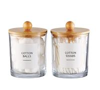 Onsogi Glass Apothecary Jars with Bamboo Lids for Bathroom Organization, Q tip Holder and Cotton Ball Holder are Great for Farmhouse Decor, Rustic Bathroom Decor-2 Pack