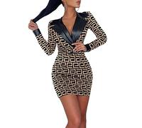 Onsoyours Dress for Women Solid Color Sequins V Neck Long Sleeve Slim Fit Nightclub Party Evening Mini Dress A Khaki M