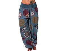 Onsoyours Ladies Plus Size Harem Trousers Womens Full Length Stretch Hippie Pants Baggy Boho Patterned High Waist Casual Pants C Blue XXX-Large
