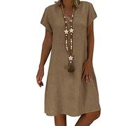 Onsoyours Women's Linen Dress Summer V-Neck Sundress Boho Solid Color A-Line Knee-Length Dress Casual Loose T-Shirt Beach Party Dresses B Khaki UK 14