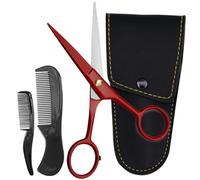 ONTAKI 5" Beard Moustache Scissors Professional German Steel 2 Comb Carrying Pouch Mustache Trimming - Hand Forged Bevel Edge Precision Men Facial Hair Grooming Kit All Body Hair (True Red)