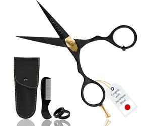 ONTAKI Beard Moustache Scissors 5.5" Professional Japanese Steel Comb, Carrying Pouch Beard Mustache Trimming Hand Forged Bevel Edge Precision Men Facial Hair Grooming Kit Body Facial Hair Black Gold