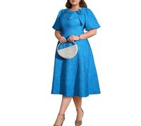 ONTINVA AOMEI Women's Jacquard Rose Irregular Neck Flared Midi Dress Short Puff Sleeve Formal Party Work A-Line Dresses (Blue,3XL)