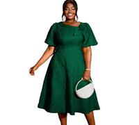ONTINVA AOMEI Women's Jacquard Rose Irregular Neck Flared Midi Dress Short Puff Sleeve Formal Party Work A-Line Dresses (Green,XL)
