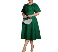 ONTINVA AOMEI Women's Jacquard Rose Irregular Neck Flared Midi Dress Short Puff Sleeve Formal Party Work A-Line Dresses (Green,L)
